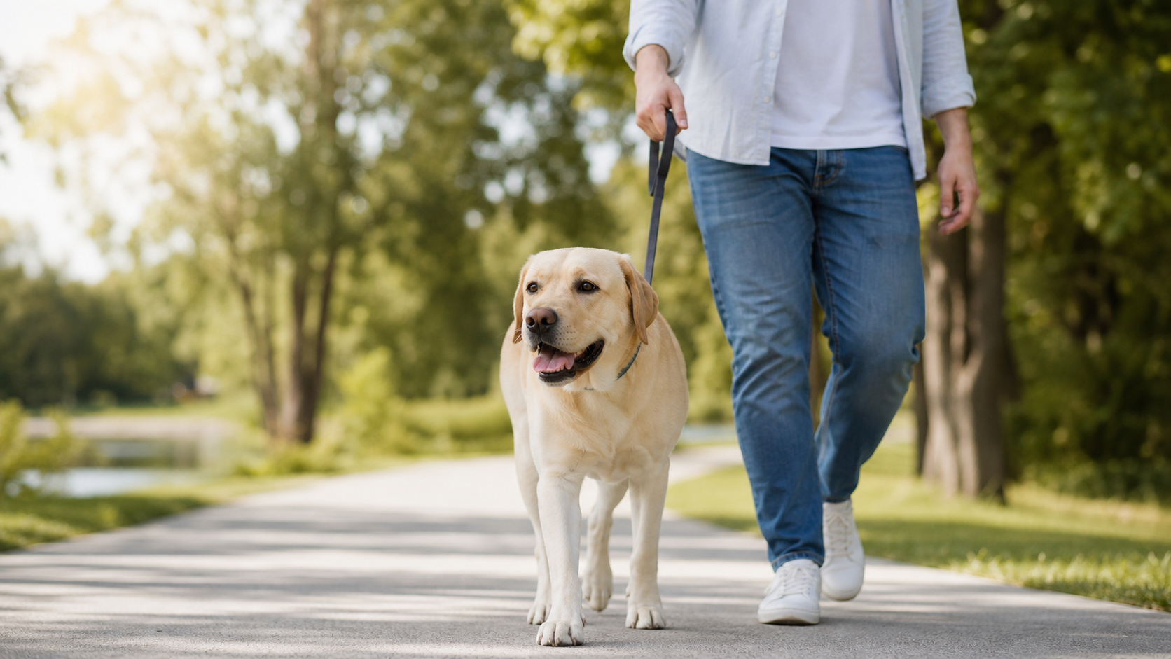 Cão caminhando com o tutor em um parque durante atividade física leve e controlada