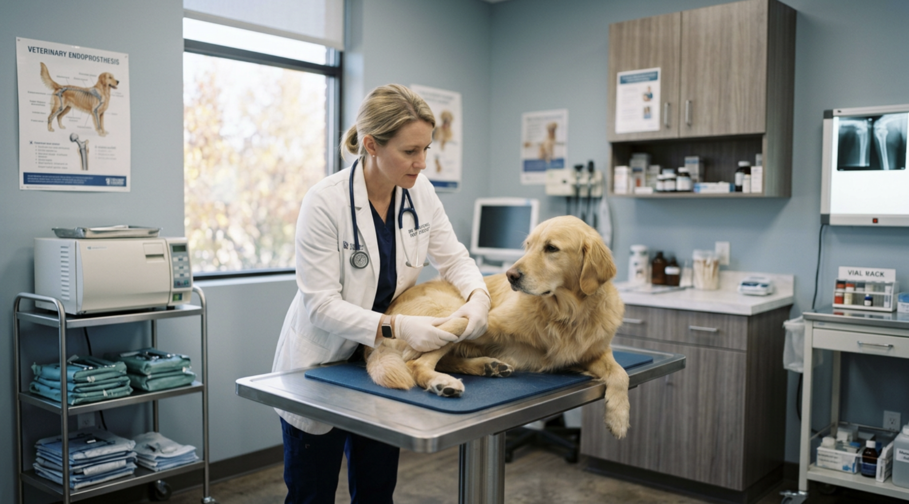 Veterinário examinando a articulação da pata de um cão