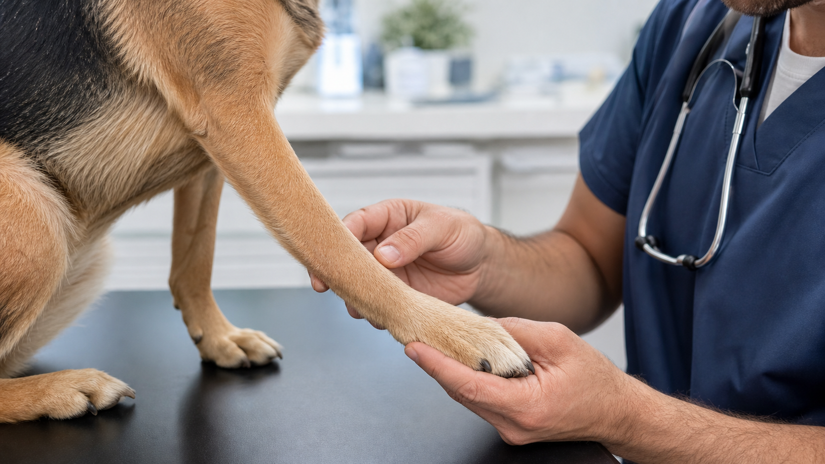 Veterinário examinando a pata dianteira e a região do carpo de um cão