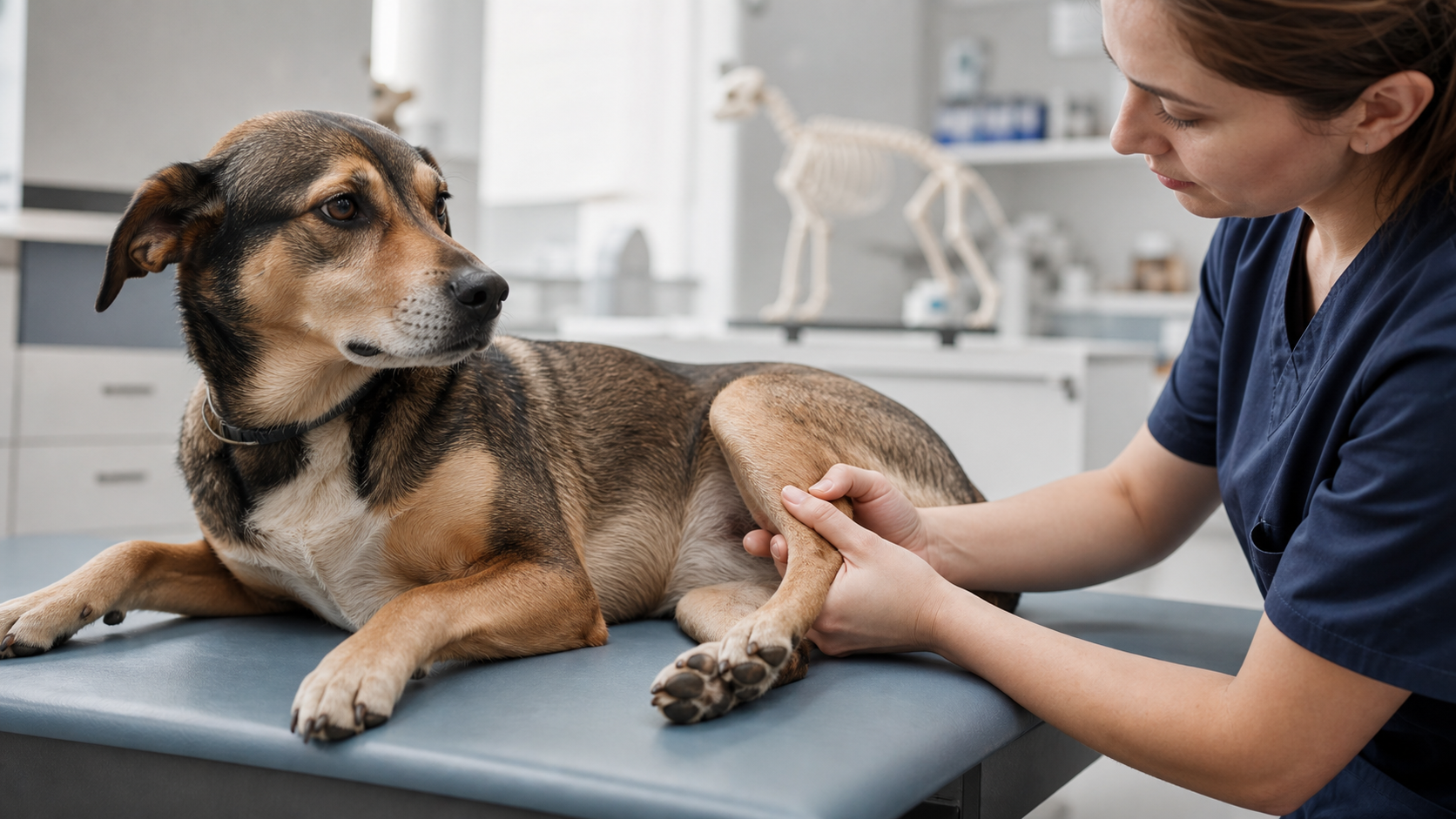 Veterinário examinando cuidadosamente o joelho traseiro de um cão em uma clínica ortopédica
