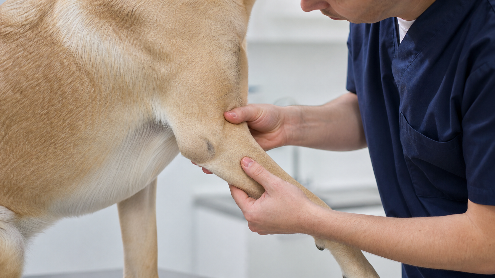 Veterinário avaliando o cotovelo e a pata dianteira de um cão jovem de grande porte
