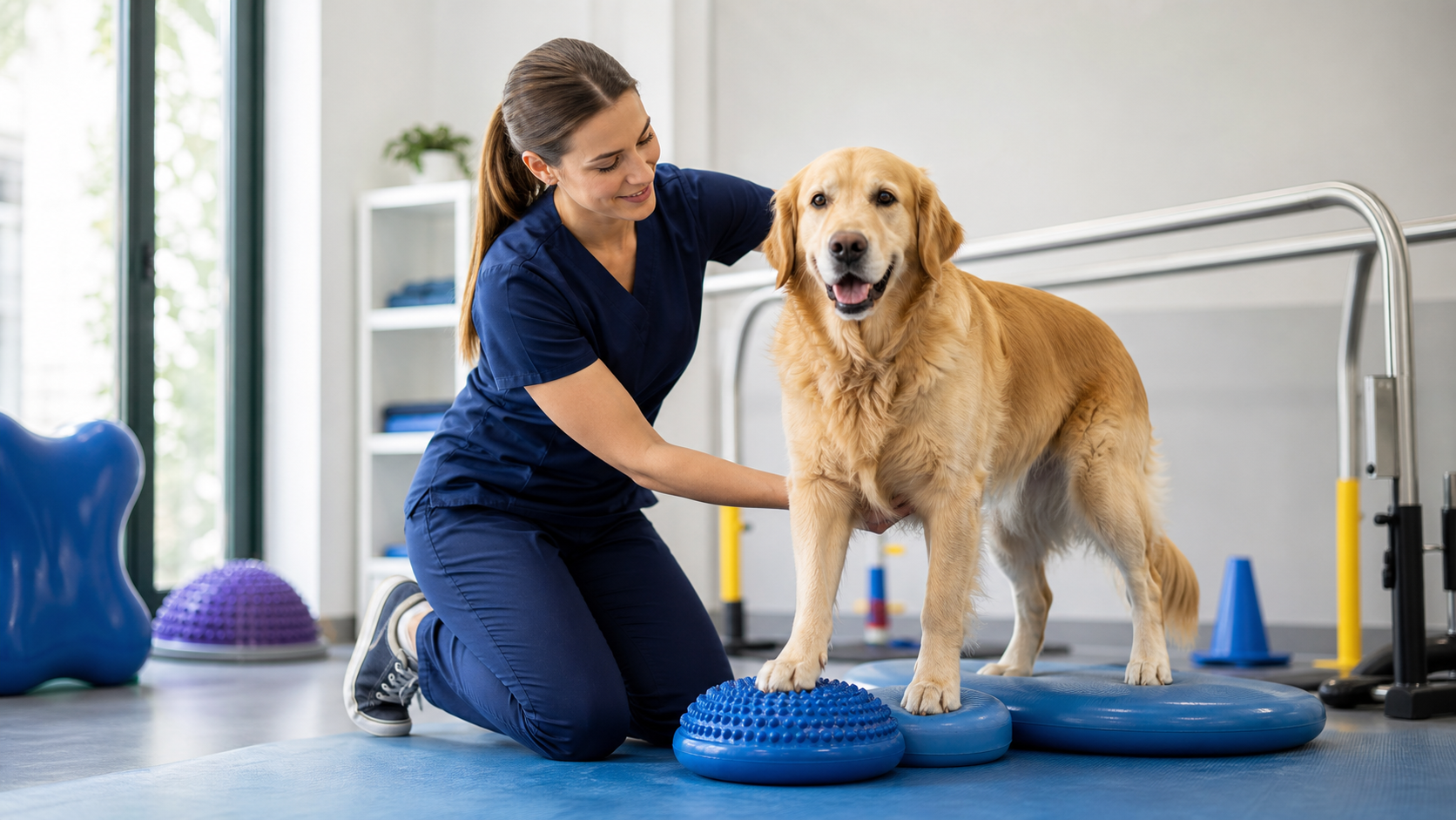 Cão realizando fisioterapia controlada com profissional de reabilitação veterinária