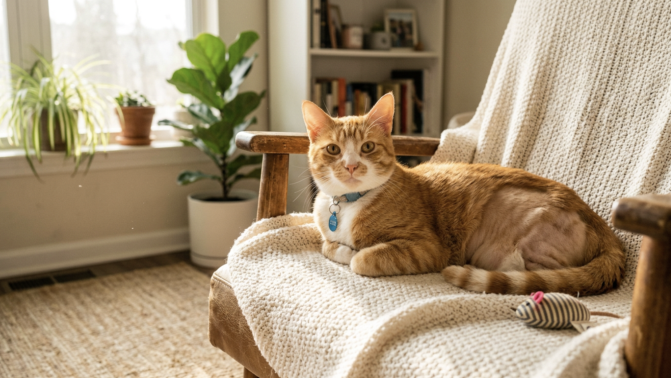 Gato amputado descansando em cama baixa durante a recuperação