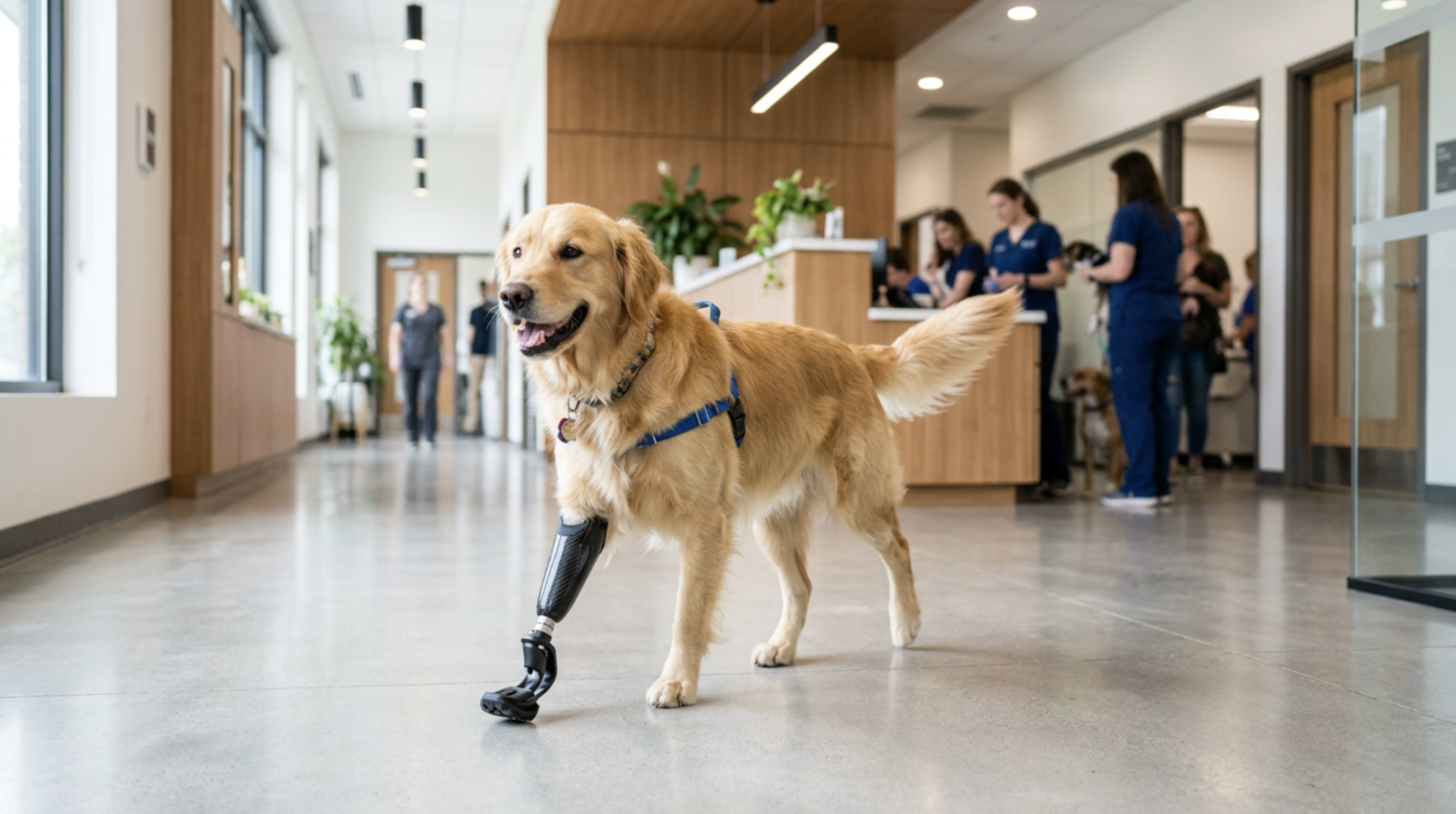 Cão amputado em avaliação para adaptação de prótese de membro