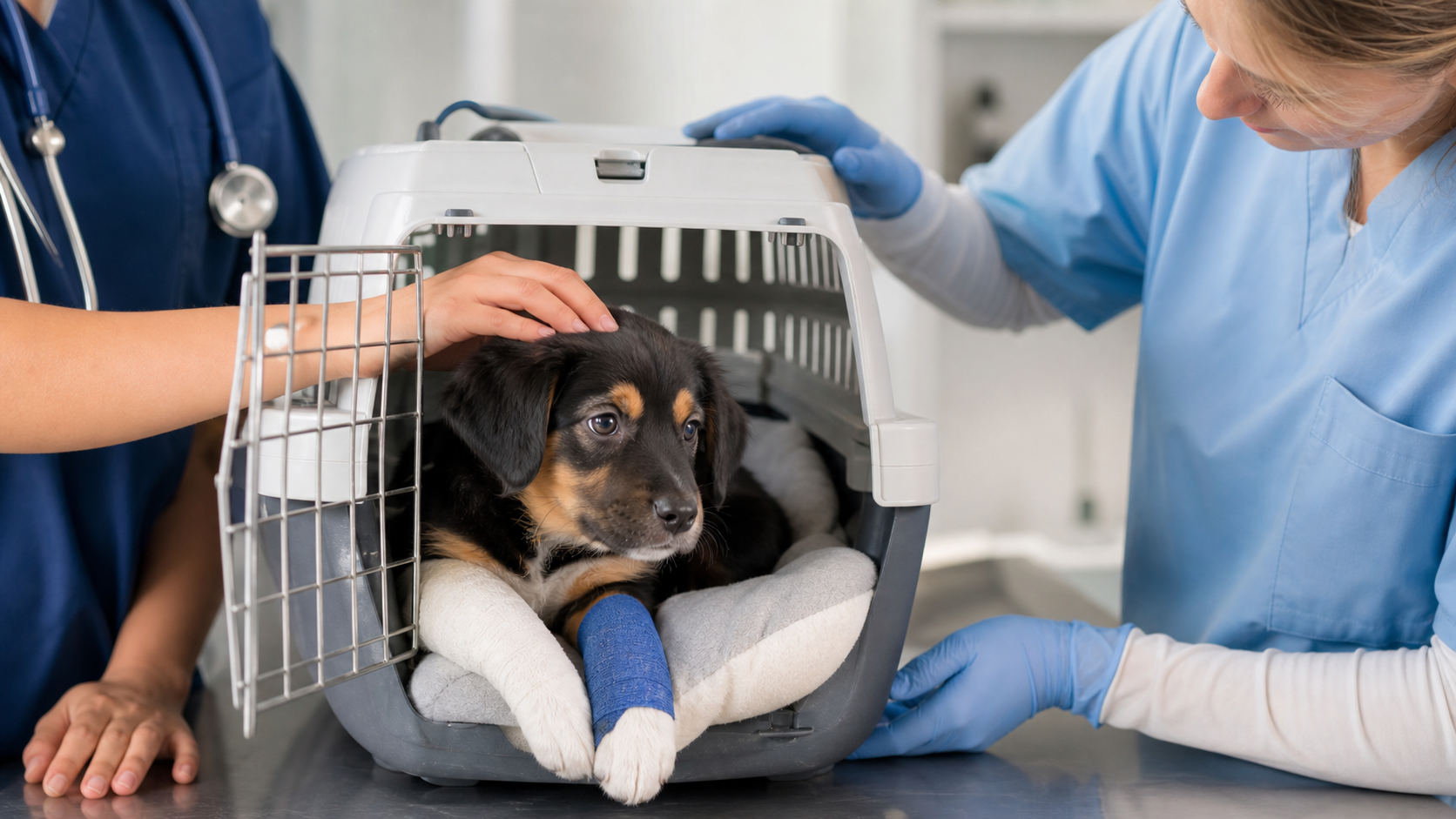 Filhote acomodado com segurança em uma caixa de transporte durante avaliação veterinária