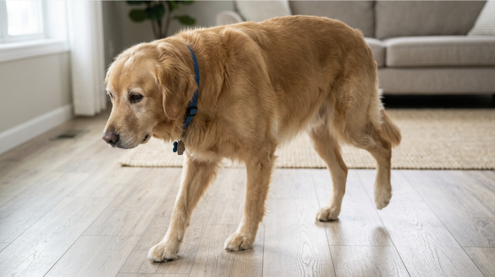 Cachorro mancando devido a osteossarcoma na pata traseira