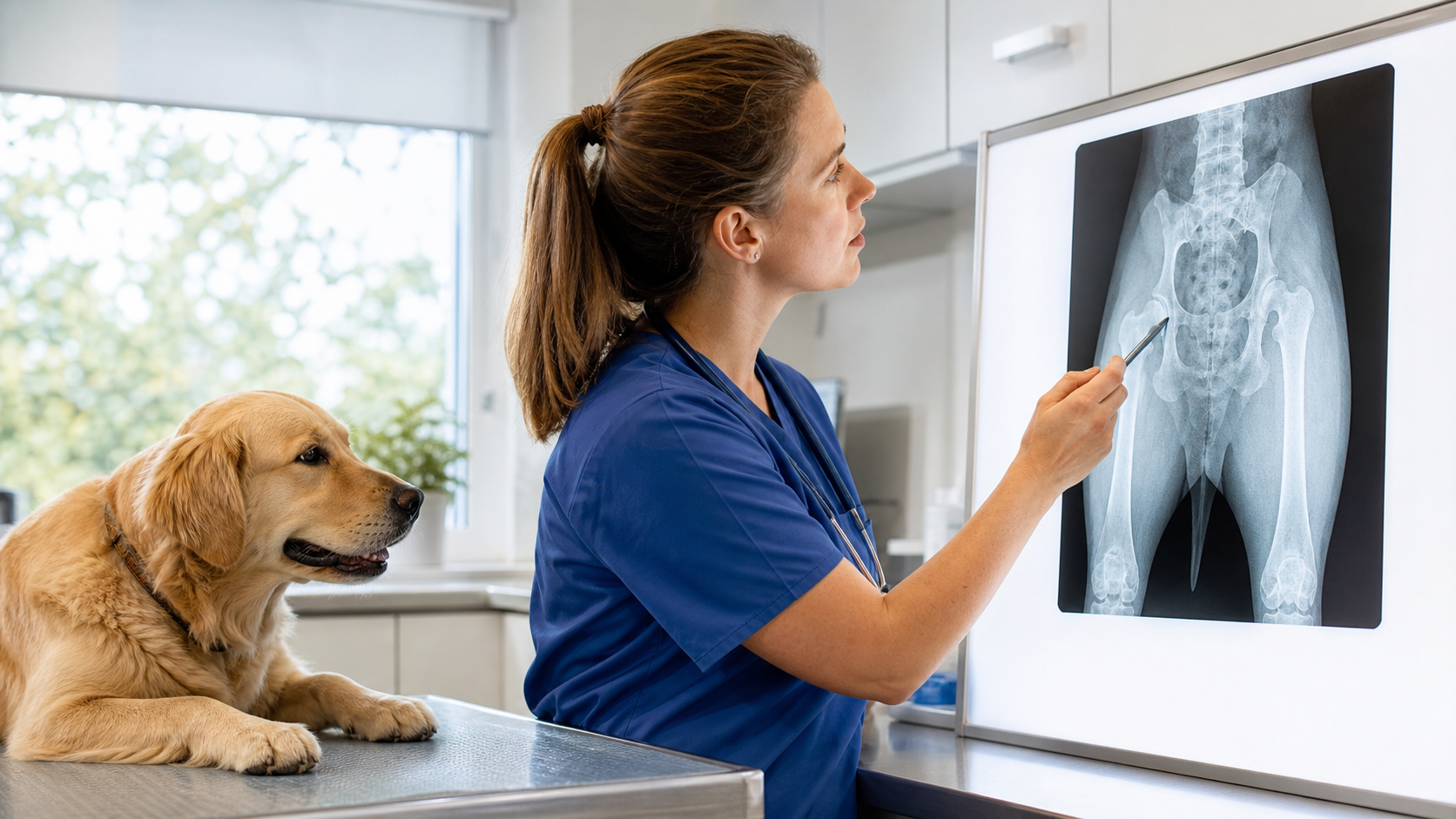 Veterinário analisando radiografia do quadril de um cão durante consulta ortopédica