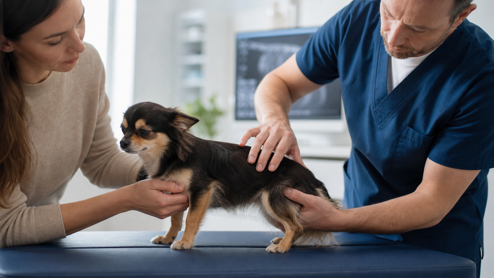 Cão pequeno recebendo exame cuidadoso da coluna e da mobilidade em clínica veterinária