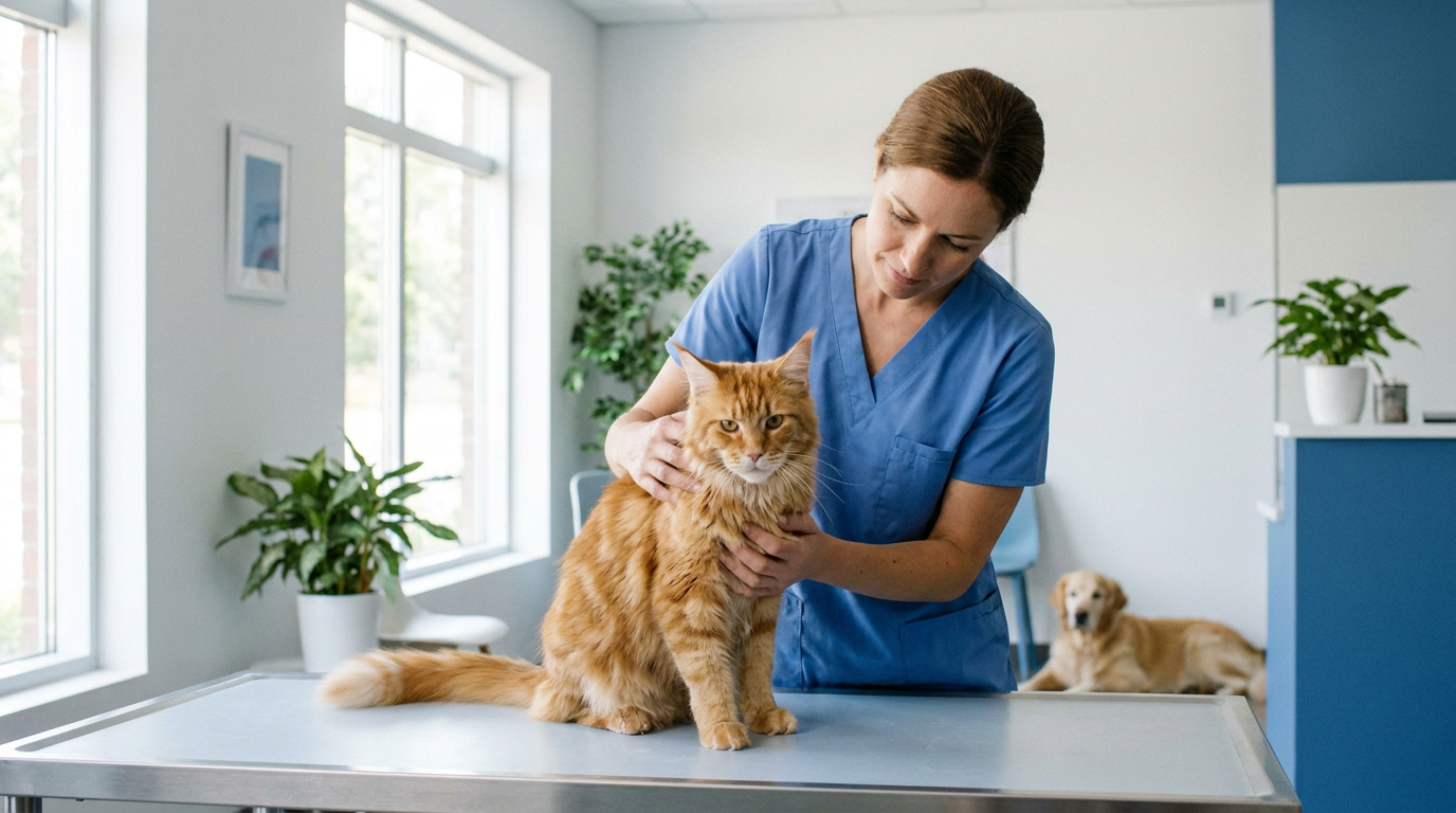 Gato sendo avaliado por veterinário durante exame ortopédico do quadril