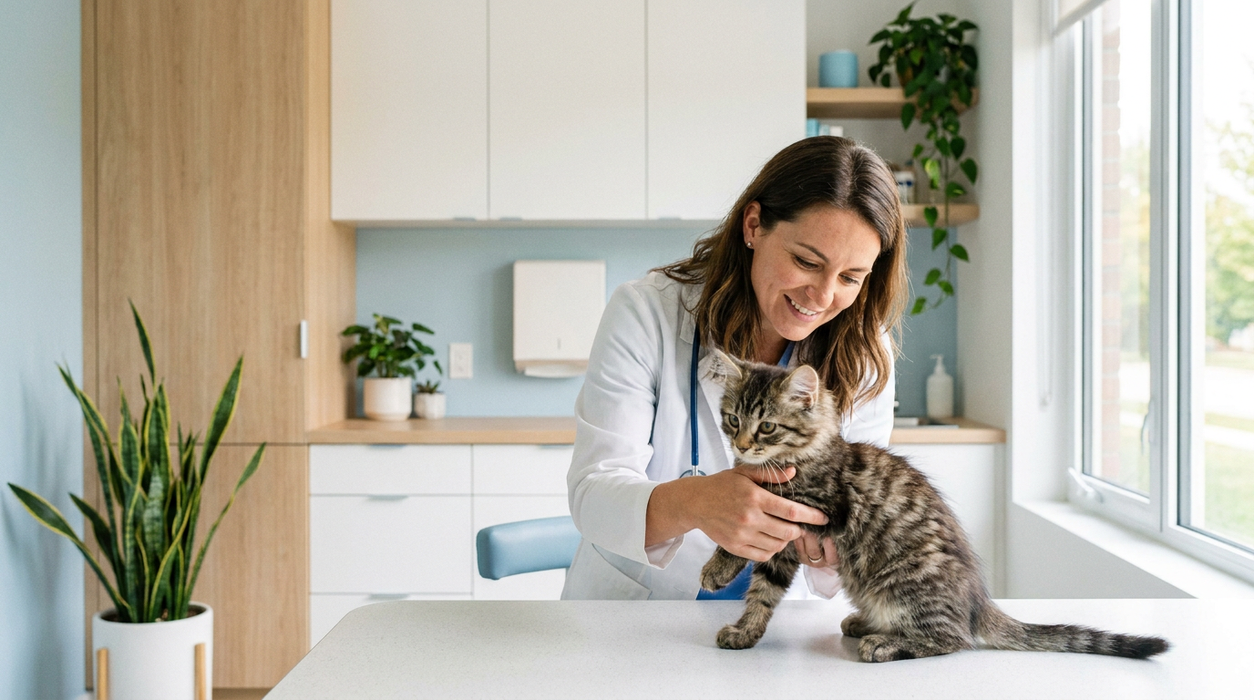 Gato filhote em avaliação veterinária ortopédica da pata