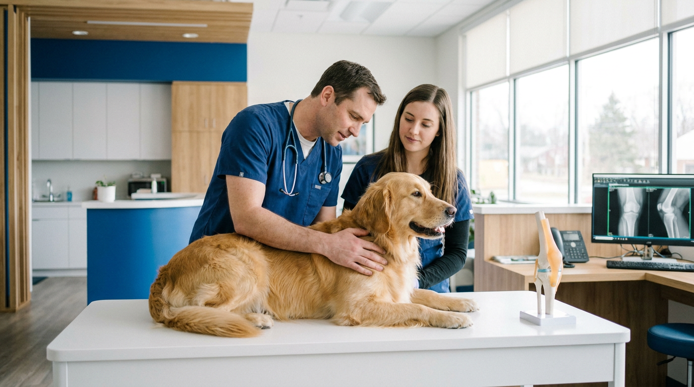Veterinário examinando a pata operada de um cão com implante ortopédico