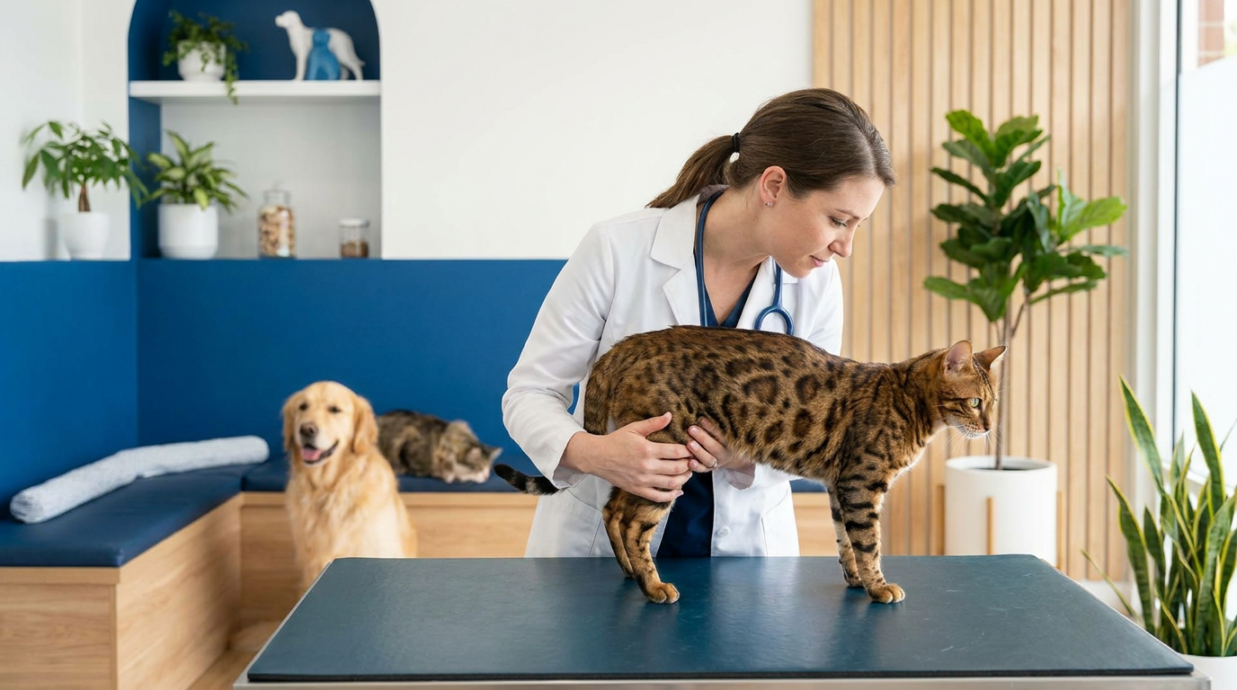 Gato em avaliação veterinária ortopédica do joelho