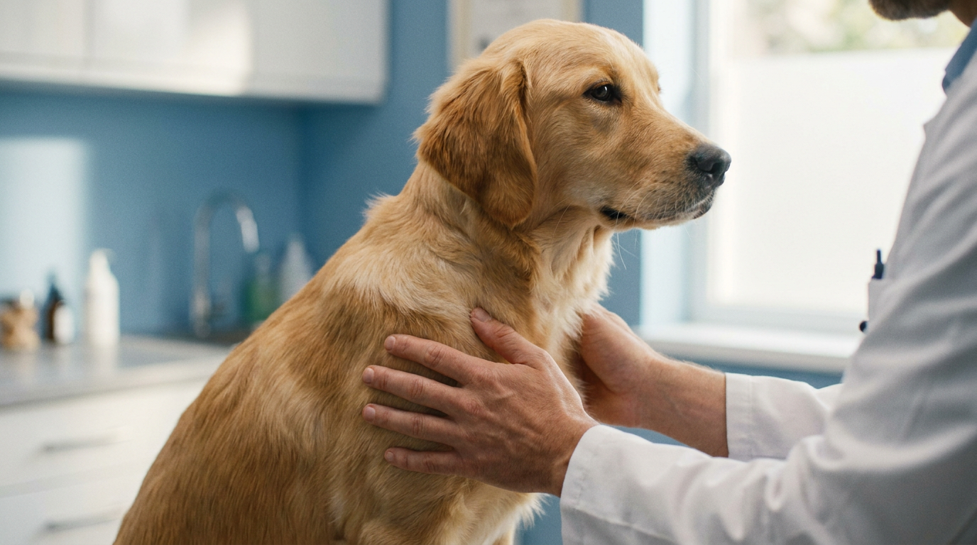 Cão jovem sendo avaliado por veterinário devido à dor no ombro