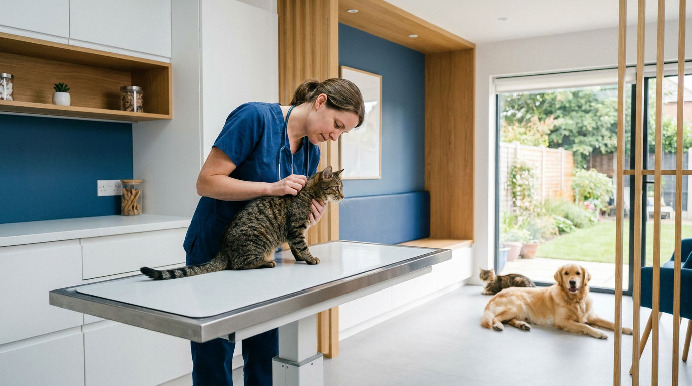 Gato em avaliação ortopédica do joelho por médico-veterinário