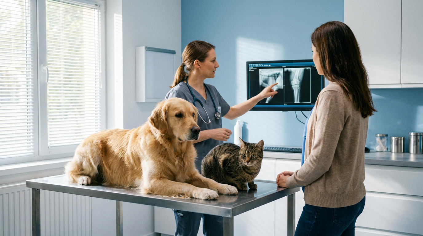Cão sendo preparado para radiografia ortopédica com sedação