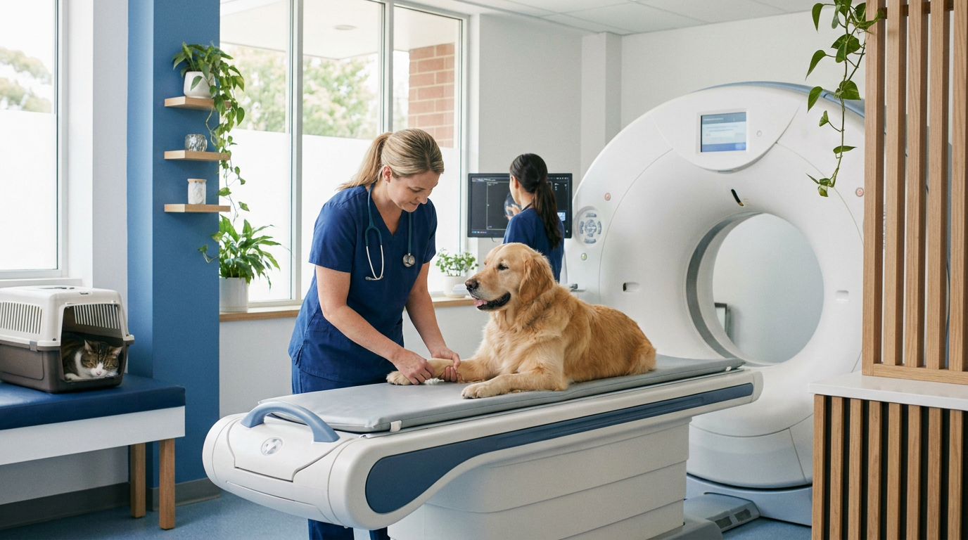 Cachorro sendo preparado para tomografia após apresentar claudicação persistente